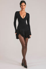 V-Neck Ruffle Skirt Mini Dress in Black