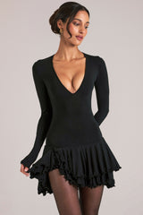 V-Neck Ruffle Skirt Mini Dress in Black