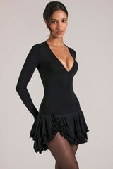 V-Neck Ruffle Skirt Mini Dress in Black