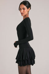 V-Neck Ruffle Skirt Mini Dress in Black