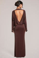 Long-Sleeve Draped Maxi Dress in Chocolate Brown