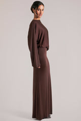 Long-Sleeve Draped Maxi Dress in Chocolate Brown