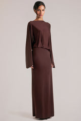 Long-Sleeve Draped Maxi Dress in Chocolate Brown