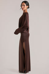 Long-Sleeve Draped Maxi Dress in Chocolate Brown