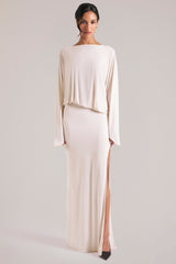 Long-Sleeve Draped Maxi Dress in Ivory