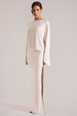 Long-Sleeve Draped Maxi Dress in Ivory
