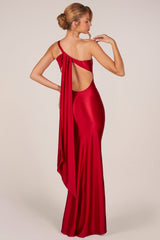 Asymmetric Tie-Back Gown in Rose Red