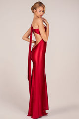 Asymmetric Tie-Back Gown in Rose Red