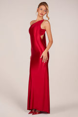 Asymmetric Tie-Back Gown in Rose Red