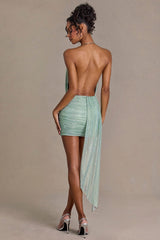 Premium Embellished Open-Back Mini Dress in Sage Green