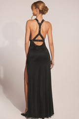 Cowl-Neck Thigh-High Gown in Black