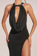 Cowl-Neck Thigh-High Gown in Black