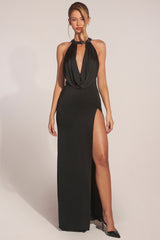Cowl-Neck Thigh-High Gown in Black