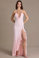 Premium Chiffon Cowl-Neck Open-Back Gown in Baby Pink