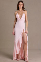 Premium Chiffon Cowl-Neck Open-Back Gown in Baby Pink