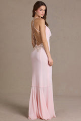 Premium Chiffon Cowl-Neck Open-Back Gown in Baby Pink