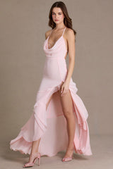 Premium Chiffon Cowl-Neck Open-Back Gown in Baby Pink