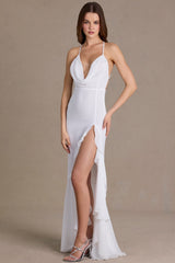 Premium Chiffon Cowl-Neck Open-Back Gown in White