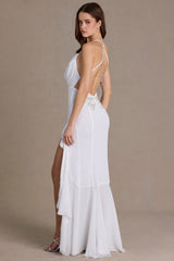 Premium Chiffon Cowl-Neck Open-Back Gown in White