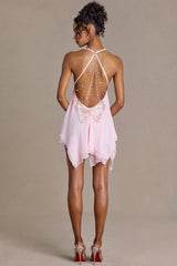 Premium Chiffon Plunge-Neck Open-Back Mini Dress in Baby Pink