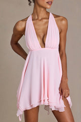 Premium Chiffon Plunge-Neck Open-Back Mini Dress in Baby Pink