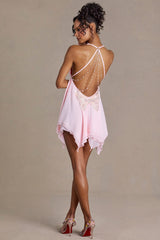 Premium Chiffon Plunge-Neck Open-Back Mini Dress in Baby Pink