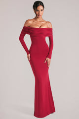 Off-Shoulder Long-Sleeve Maxi Dress in Cherry Red