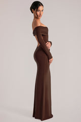 Off-Shoulder Long-Sleeve Maxi Dress in Chocolate Brown