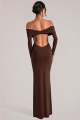 Off-Shoulder Long-Sleeve Maxi Dress in Chocolate Brown