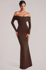 Off-Shoulder Long-Sleeve Maxi Dress in Chocolate Brown