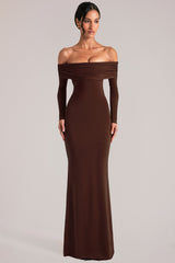 Off-Shoulder Long-Sleeve Maxi Dress in Chocolate Brown