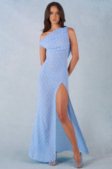 One-Shoulder Maxi Dress in Blue Polka Dot Print