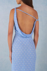 One-Shoulder Maxi Dress in Blue Polka Dot Print