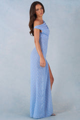 One-Shoulder Maxi Dress in Blue Polka Dot Print