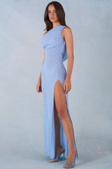 One-Shoulder Maxi Dress in Blue Polka Dot Print