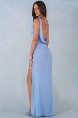 One-Shoulder Maxi Dress in Blue Polka Dot Print