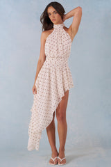 Halterneck Asymmetric Maxi Dress in Ivory Polka Dot Print