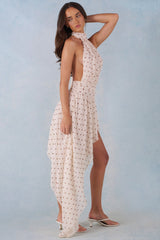 Halterneck Asymmetric Maxi Dress in Ivory Polka Dot Print