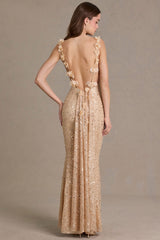 Premium Embellished Open-Back Maxi Dress in Gold