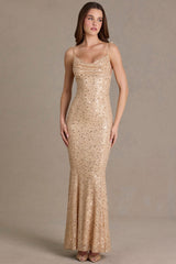 Premium Embellished Open-Back Maxi Dress in Gold