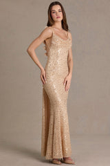 Premium Embellished Open-Back Maxi Dress in Gold