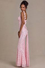Premium Embellished Open-Back Maxi Dress in Baby Pink