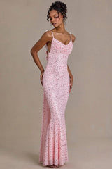 Premium Embellished Open-Back Maxi Dress in Baby Pink