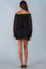 Off-Shoulder Balloon-Sleeve Mini Dress in Black