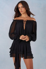 Off-Shoulder Balloon-Sleeve Mini Dress in Black