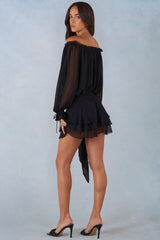 Off-Shoulder Balloon-Sleeve Mini Dress in Black