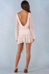 Long-Sleeve Open-Back Mini Dress in Ivory Polka Dot Print