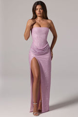 Embellished Bandeau Cowl-Waist Maxi Dress in Pink