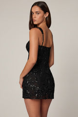 Embellished A-line Mini Dress in Black