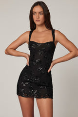 Embellished A-line Mini Dress in Black